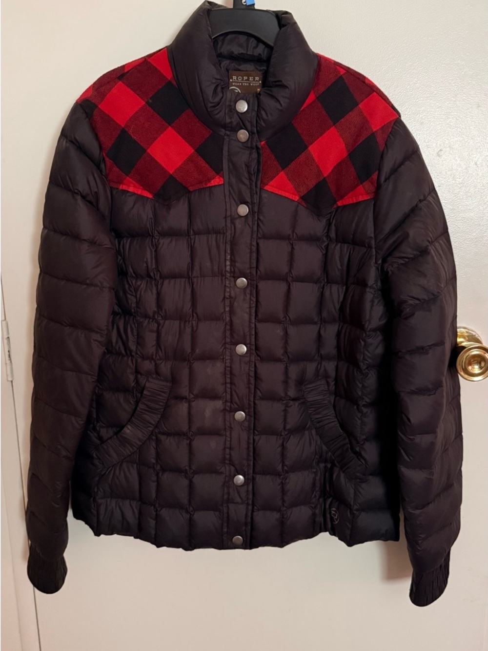 Roper Black Puffer Jacket with Red Buffalo Plaid Yoke
